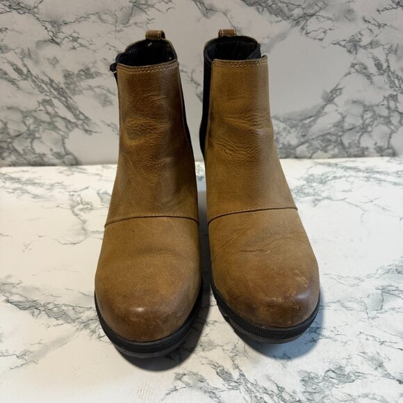 Sorel Women 7.5 Joan of Arctic Boot Tan Hidden Wedge Burnished Leather Chelsea - Picture 2 of 7